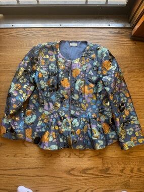 STINE GOYA Metallic Floral Jacquard Blazer in Gold, Blue & Purple